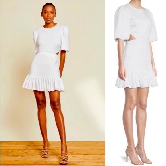 NEW! Veronica Beard- White Iker Puff Sleeve Cut Out Mini Dress Size 12 - Picture 1 of 9